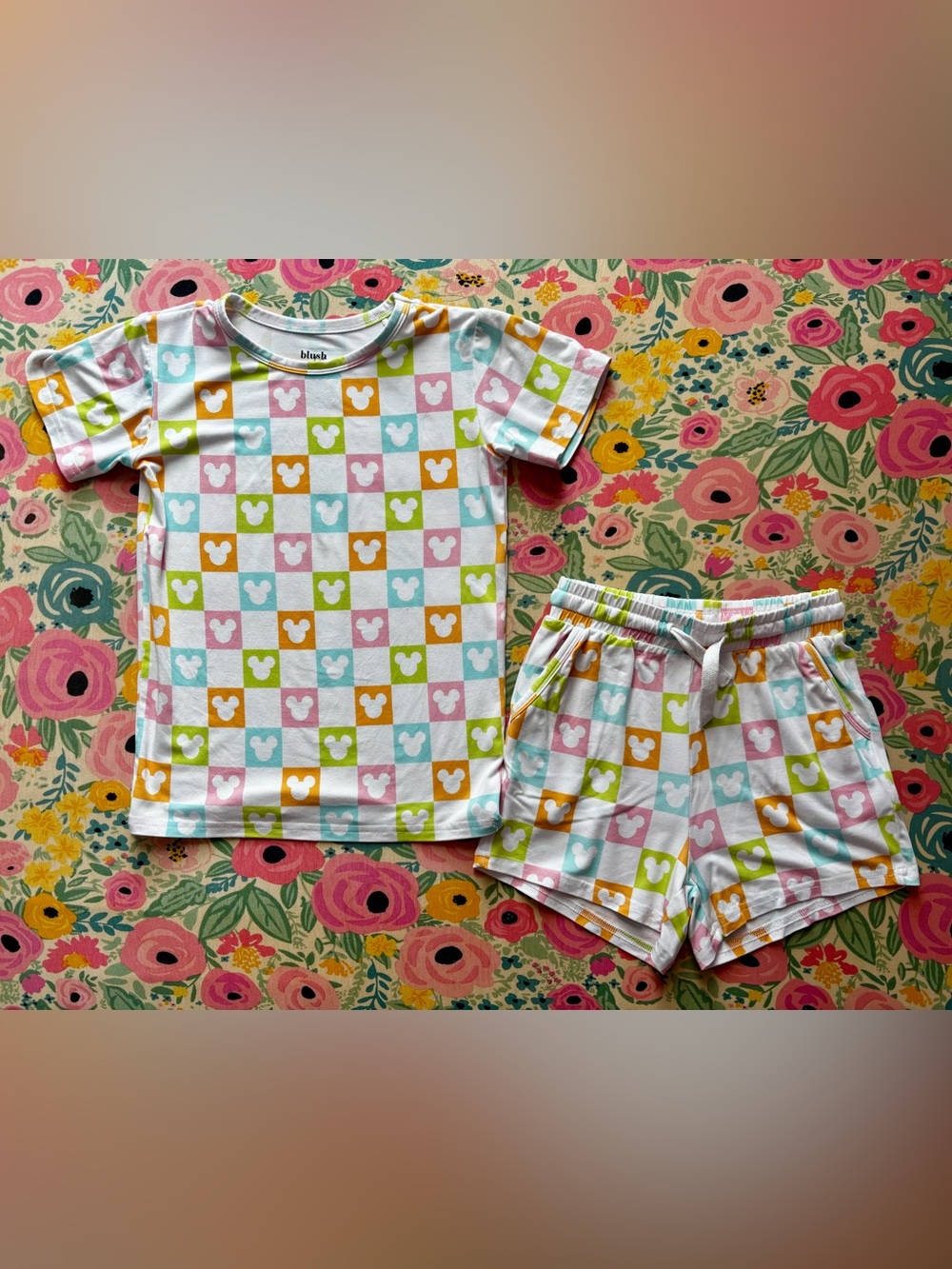 Blush Lotus Pastel Mouse Ear Check Shorts Pajama Set